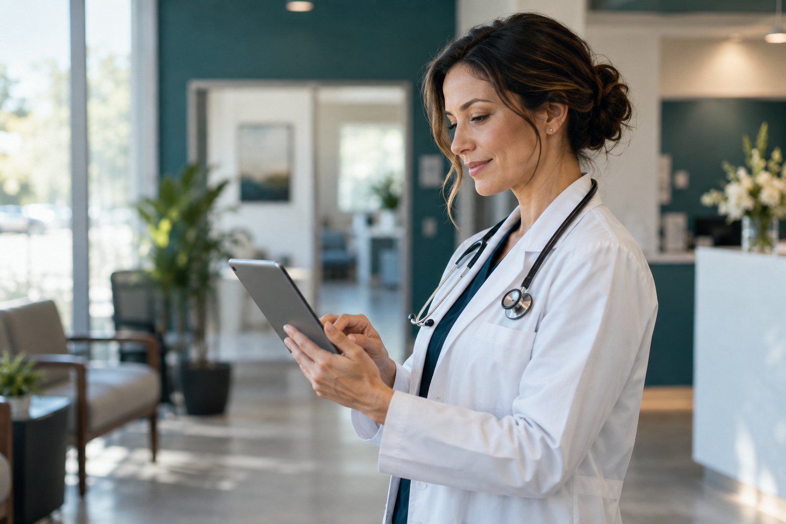 Physician reviewing a tablet in a bright clinic
